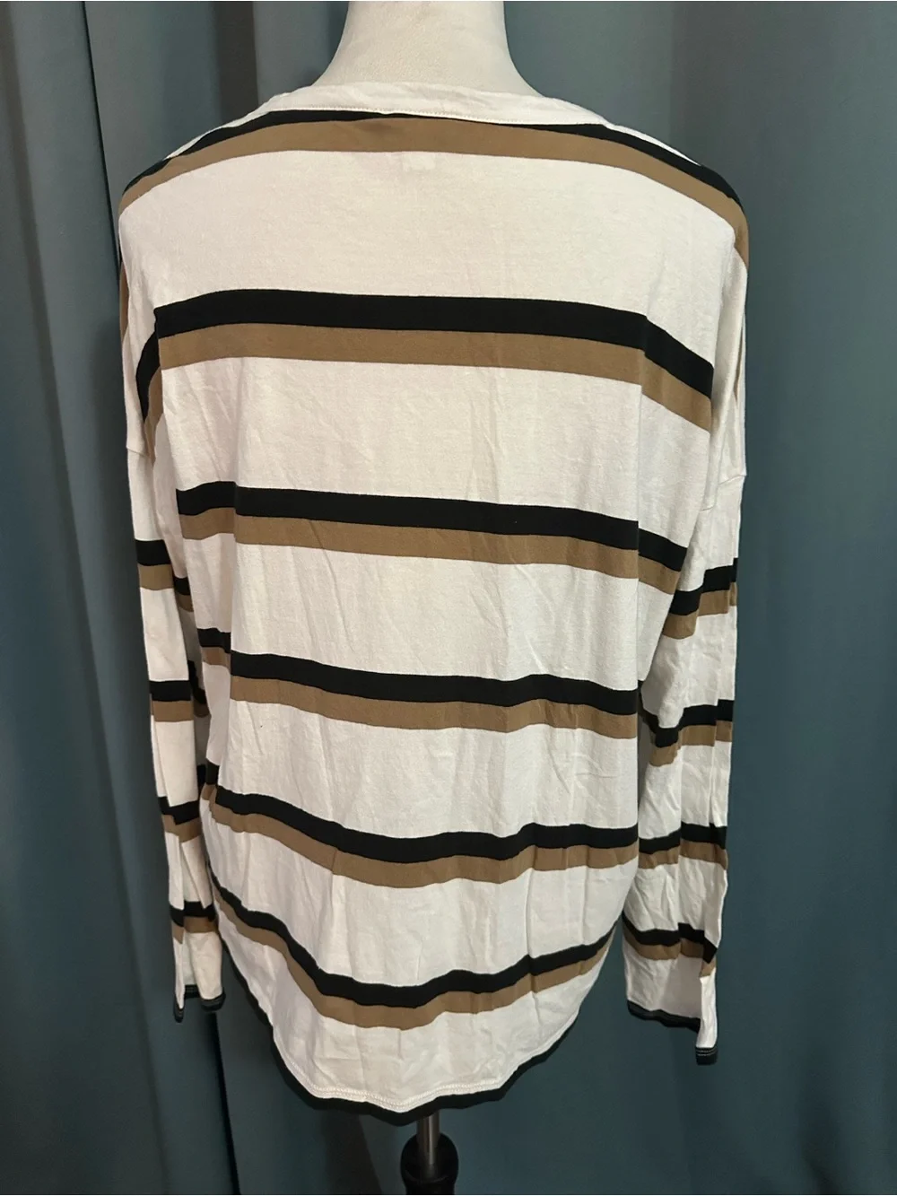 J.Crew Re-Imagined Women’s XL Striped Long Sleeve Pocket Tee White Black Tan